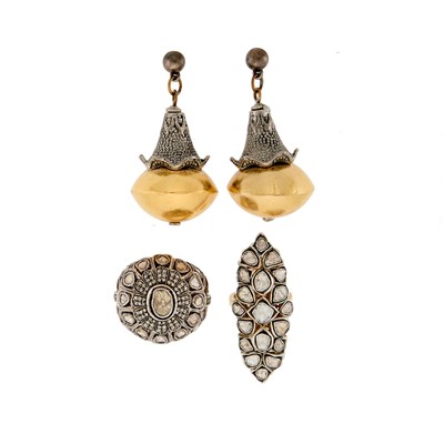 Lot 2299 - Pair of Silver, Gold, Metal, Gilt-Metal, Foil-Backed Colored Diamond and Diamond Pendant-Earrings and Two Rings
