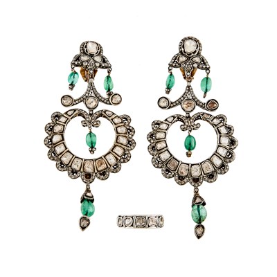 Lot 2297 - Pair of Silver, Gilt-Metal, Emerald Bead, Foil-Backed Colored Diamond and Diamond Pendant-Earrings and Band Ring
