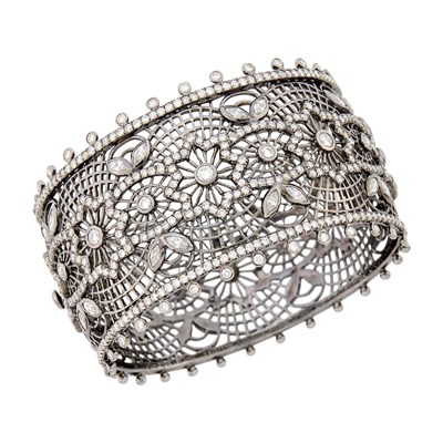 Lot 1071 - Blackened White Gold and Diamond Cuff Banlge Bracelet