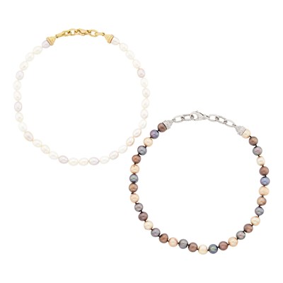 Lot 2233 - Two Multicolored Cultured Pearl Necklaces with Gold, Low Karat White Gold and Diamond Clasps