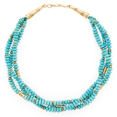 Lot 2255 - Multistrand Turquoise and Gold Bead Necklace