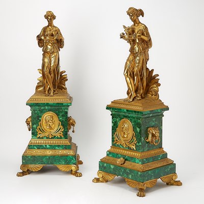 Lot 612 - Pair of Russian Figural Gilt-Bronze and Malachite Veneered Figures