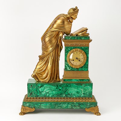 Lot 497 - Louis-Philippe Gilt-Bronze Mounted and Malachite-Veneered Figural Mantel Clock