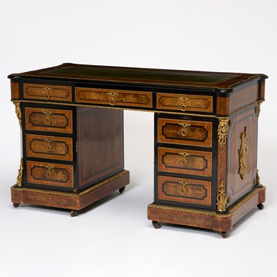 Lot 612 - Napoleon III Gilt-Metal Mounted Ebonized and Inlaid Burlwood Pedestal Desk