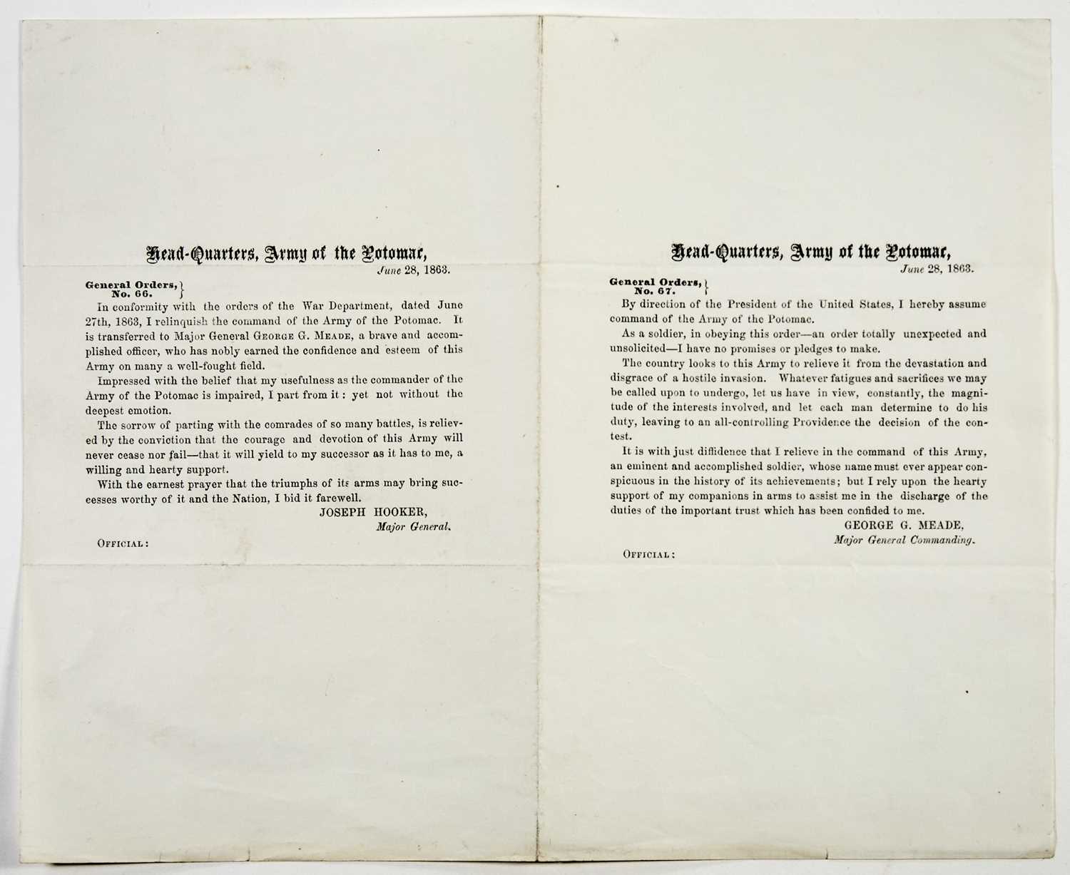 Lot 33 - General Orders No. 66 and 67: Hooker resigns, Meade assumes command