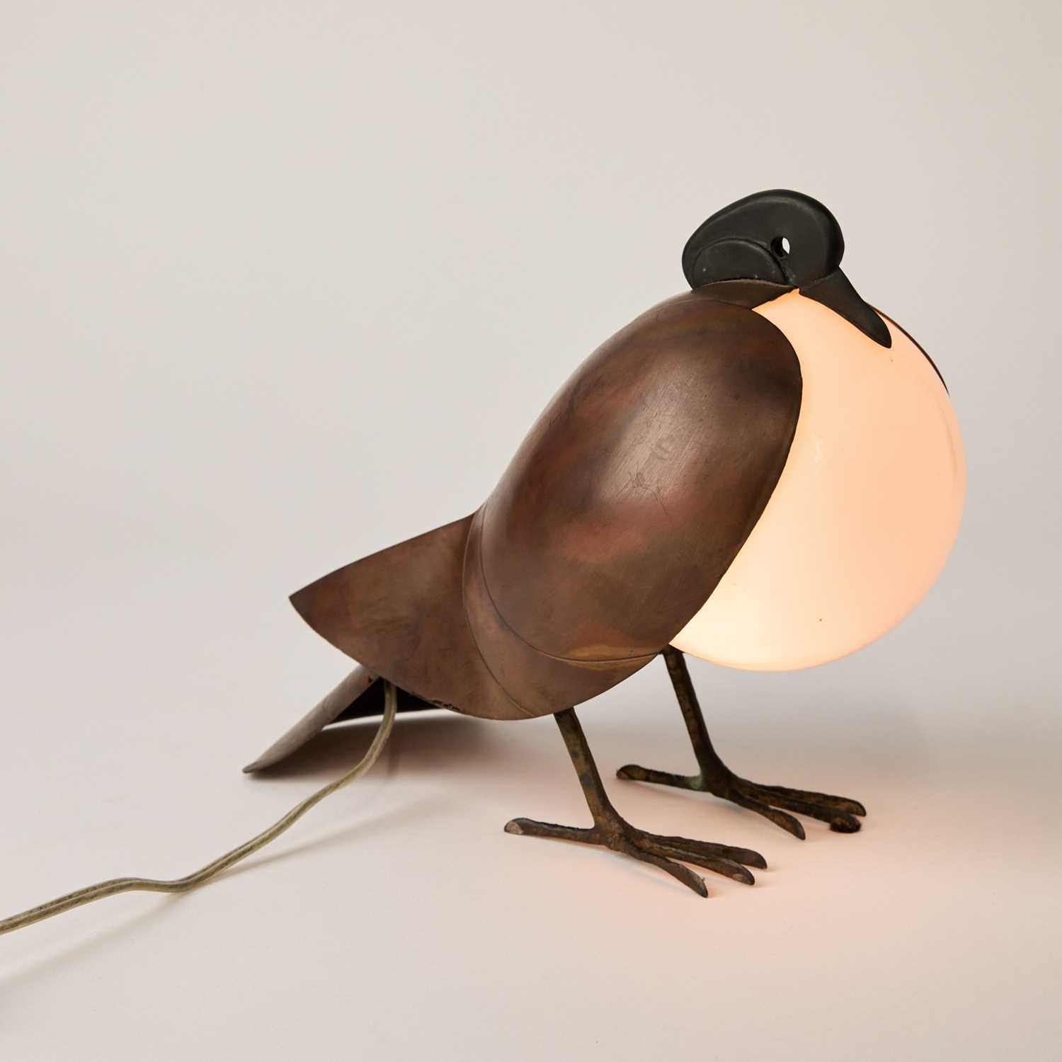 Lot 397 - Francois-Xavier Lalanne Patinated Bronze, Copper and Glass "Lampe Pigeon"