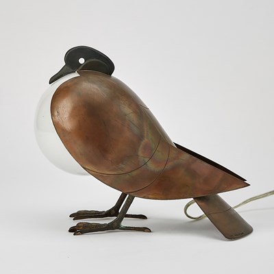 Lot 397 - Francois-Xavier Lalanne Patinated Bronze, Copper and Glass "Lampe Pigeon"
