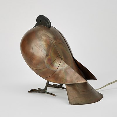 Lot 397 - Francois-Xavier Lalanne Patinated Bronze, Copper and Glass "Lampe Pigeon"