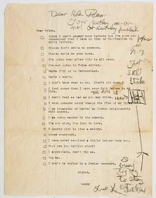 Lot 75 - Lenny Bruce typed letter signed to a Village bohemian during his obscenity trials, with a manuscript note and drawing