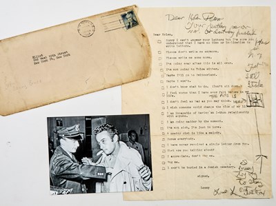 Lot Lenny Bruce typed letter signed to a Village bohemian during his obscenity trials, with a manuscript note and drawing