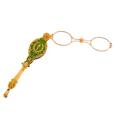 Lot 2147 - Gold, Low Karat Rose Gold and Green Enamel Lorgnette