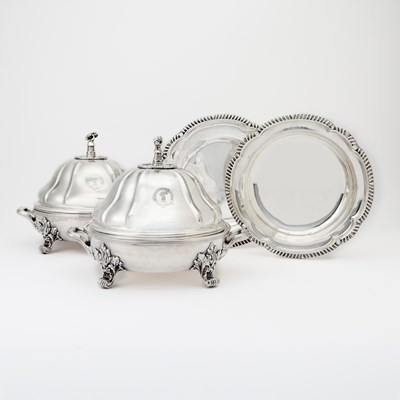 Lot 111 - Pair of Victorian Sterling Silver Covered Entree Dishes on Silver Plated Warming Stands