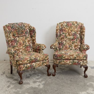 Lot 1 - Pair of Chippendale Style Upholstered Wing Chairs