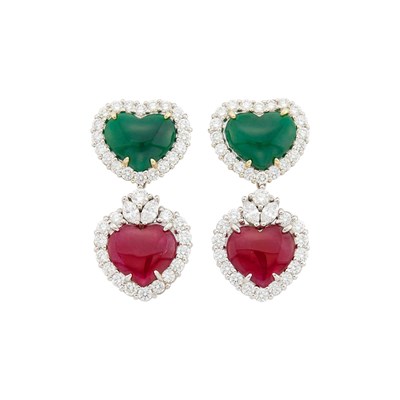 Lot 123 - Pair of White Gold, Jade Cabochon Ruby and Diamond Pendant-Earrings