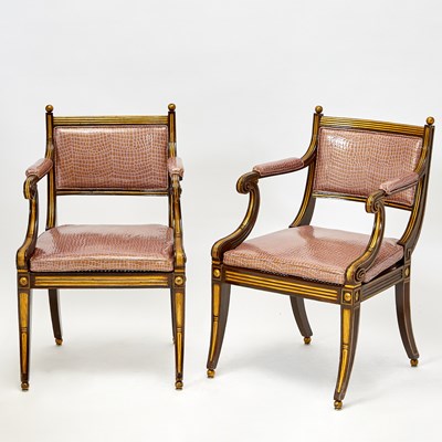 Lot 567 - Pair of Regency Simulated Rosewood and Parcel-Gilt Open Armchairs