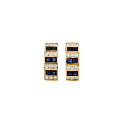 Lot 2046 - Tiffany & Co. Pair of Two-Color Gold, Sapphire and Diamond Half-Hoop Earclips