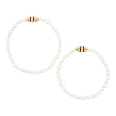 Lot 2208 - Cultured Pearl Necklace with Gold, Ruby and Diamond Double Clasp