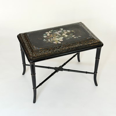 Lot 1132 - Victorian Parcel Gilt, Mother-of-Pearl-inlaid and Polychrome Papier-Mache Trunk Lid