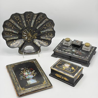 Lot 1133 - Group of Victorian Black-lacquered, Gilt, and Mother-of-Pearl-Inlaid Desk Items