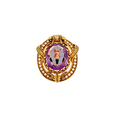 Lot 2171 - Gold, Amethyst, Enamel and Split Pearl Pendant-Brooch