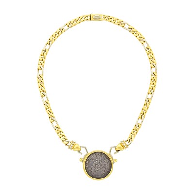 Lot 8 - Two-Color Gold, Silver Coin and Diamond Curb Link Chain Necklace
