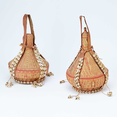 Lot 686 - Two Ethiopian Harari Baskets Made of Woven Grass, Leather and Beaded Shells