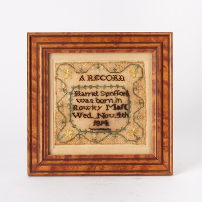 Lot 175 - Needlework Birth Record Sampler "Harriet Spofford"