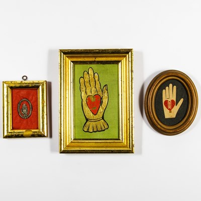 Lot 174 - Three Framed Heart and Hand Objects