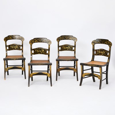 Lot 125 - Set of Four Black Painted and Gilt-Stenciled Caned Seat Side Chairs