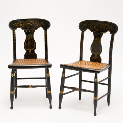 Lot 137 - Pair of Black Painted and Gilt-Stenciled Caned Seat Side Chairs