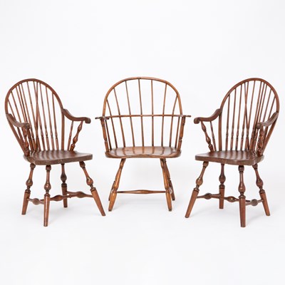 Lot 159 - Pair of American Pine and Ash Braced Bow-Back Windsor Armchairs