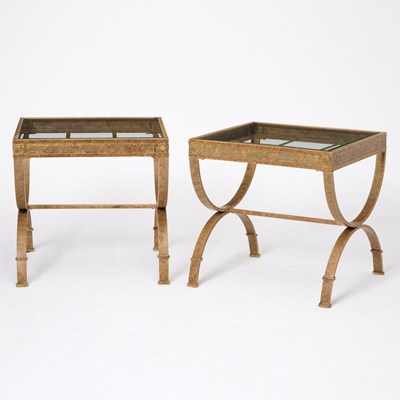 Lot 564 - Pair of Regency Style Painted Metal and Glass Top Low Tables