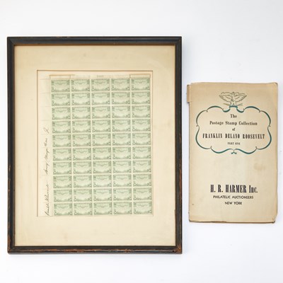 Lot 96 - Full sheet of 1937 20 Cent Green China Clipper Trans-Pacific Airmail Stamps Signed by F.D.R. and Henry Morgenthau. Scott #C21.