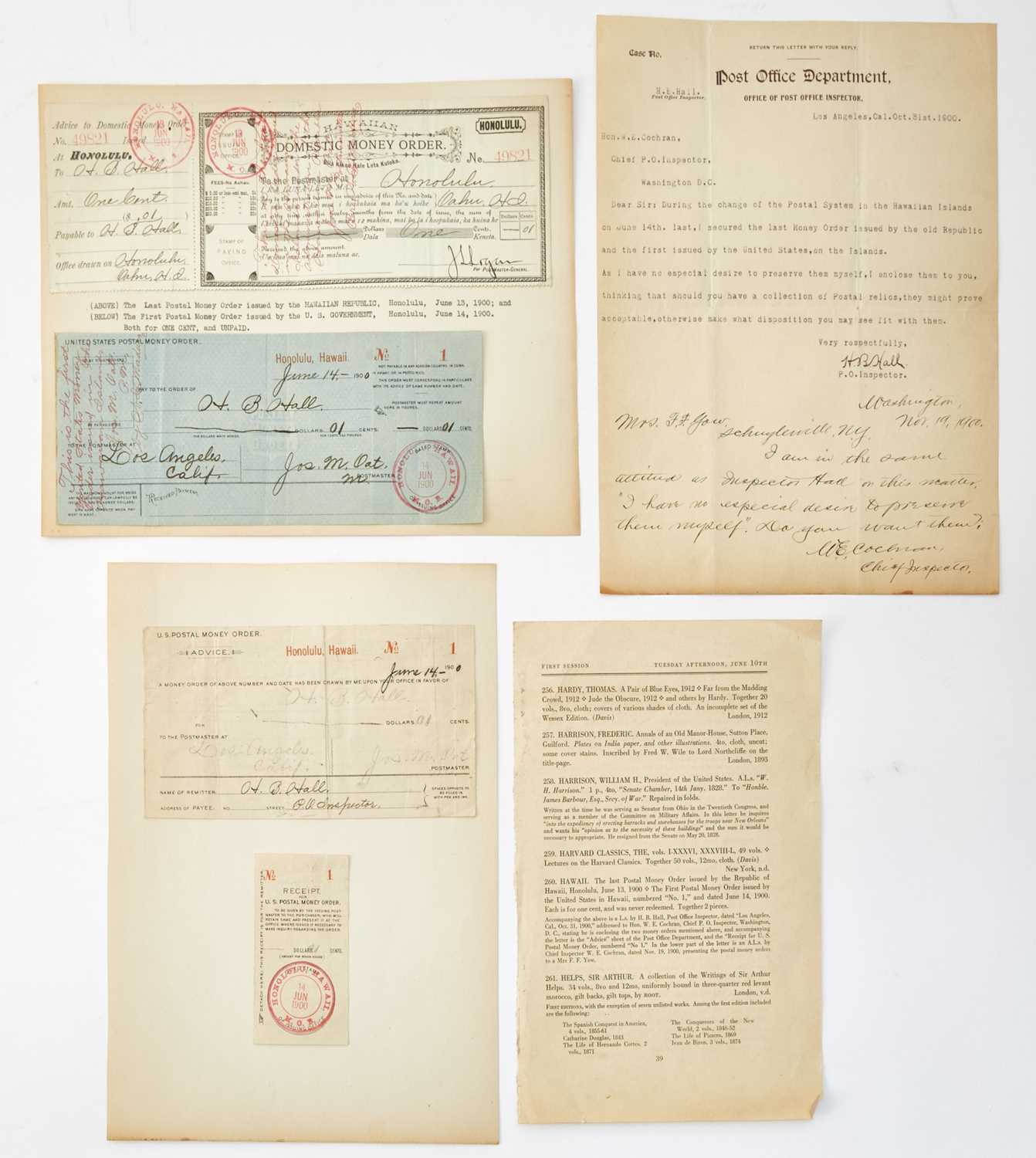 Lot 95 - United States. Final Postal Money Order Issued by the Hawaiian Republic and First Post Money Order Issued by the United States Government. June 13th and 14th, 1900.
