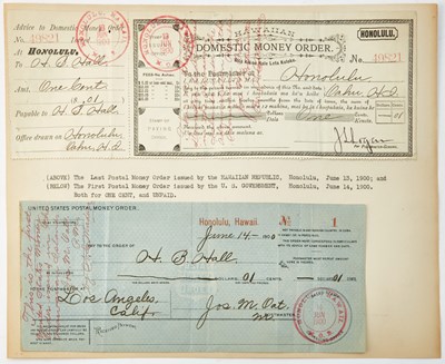 Lot 95 - United States. Final Postal Money Order Issued by the Hawaiian Republic and First Post Money Order Issued by the United States Government. June 13th and 14th, 1900.