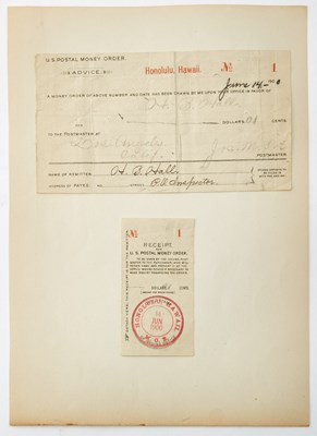 Lot 95 - United States. Final Postal Money Order Issued by the Hawaiian Republic and First Post Money Order Issued by the United States Government. June 13th and 14th, 1900.
