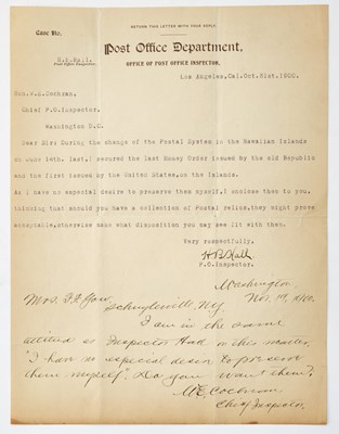 Lot 95 - United States. Final Postal Money Order Issued by the Hawaiian Republic and First Post Money Order Issued by the United States Government. June 13th and 14th, 1900.