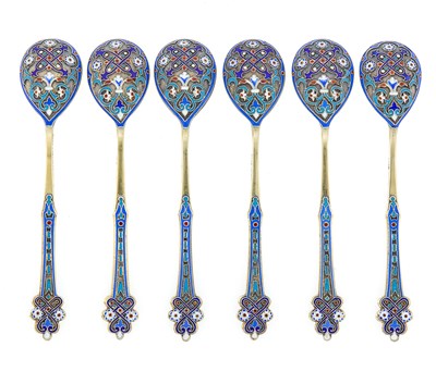 Lot 205 - Set of Six Russian Silver and Cloisonné Enamel Teaspoons