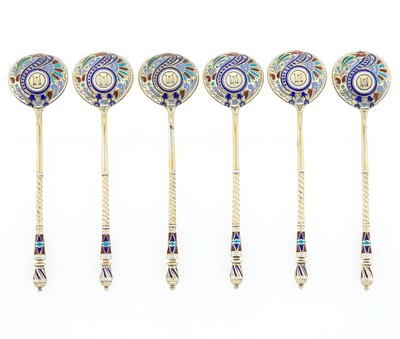 Lot 210 - Set of Six Russian Silver and Champlevé Enamel Teaspoons