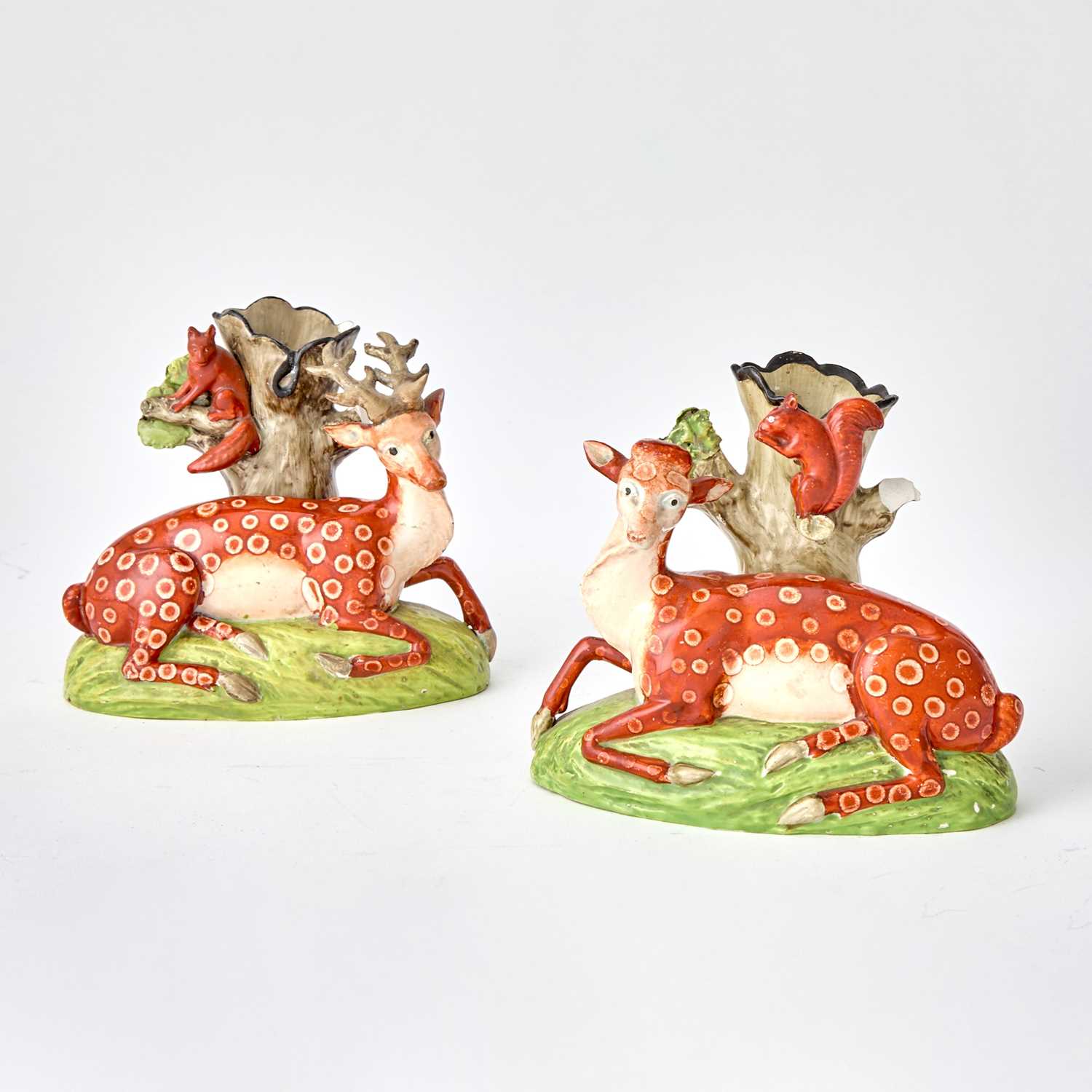 Lot 96 - Pair of Staffordshire Pearlware Deer and Squirrel Spill Vases