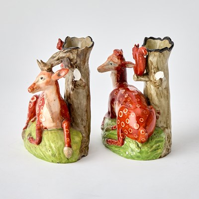 Lot 96 - Pair of Staffordshire Pearlware Deer and Squirrel Spill Vases