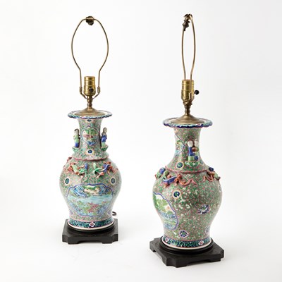 Lot 173 - Pair of Chinese Molded Porcelain Vases as Lamps