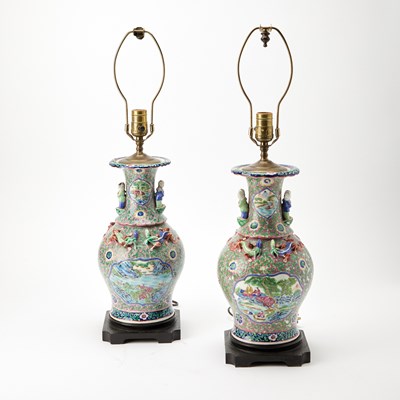 Lot 173 - Pair of Chinese Molded Porcelain Vases as Lamps