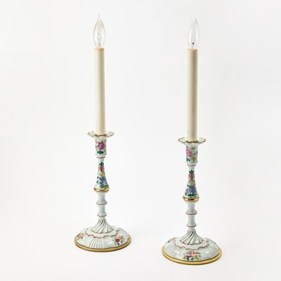 Lot Pair of Staffordshire Enamel Candlesticks as Lamps