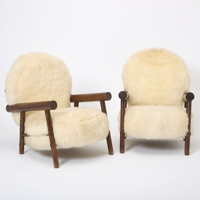 Lot Pair of After Charlotte Perrriand Faux Sheepskin Upholstered Stained Beechwood Chalet Armchairs