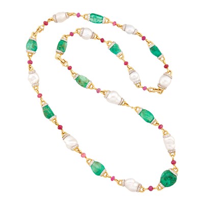 Lot 225 - David Webb Long Gold, Platinum, Emerald Bead, Baroque South Sea Cultured Pearl, Diamond and Ruby Bead Necklace/Pair of Bracelets Combination