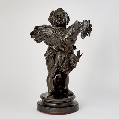 Lot 370 - Adriano Cecioni, Patinated Bronze Sculpture, "Bambino con Gallo"