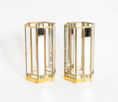 Lot 306 - Pair of 'AH Hadley' Brass and Mirrored Glass Hurricane Lanterns