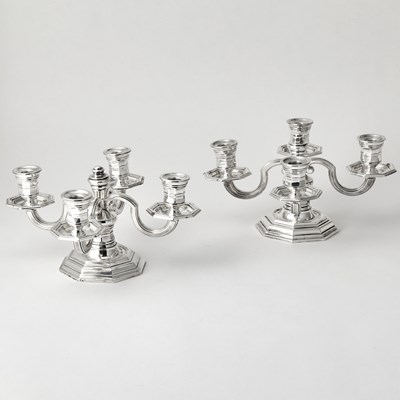 Lot Pair of Christofle Silver Plated Four-Light Low Candelabra