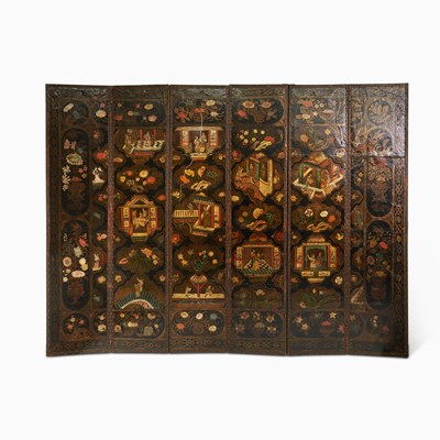 Lot 683 - Dutch Baroque Six-Panel Folded Polychrome Decorated Leather Screen